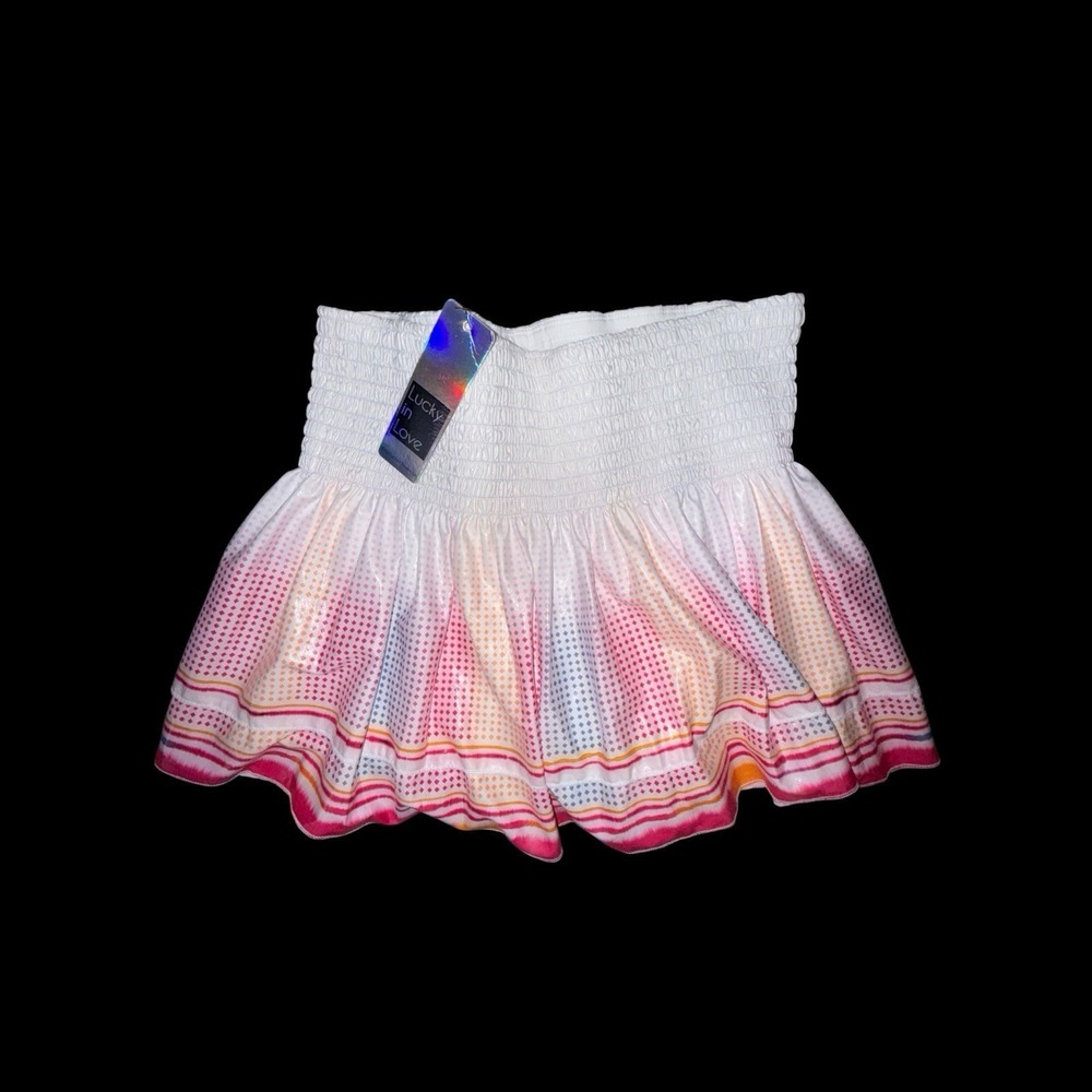Lucky in Love L Vaportex Classic Diamond Striped Smocked Skirt Skort Sporty New